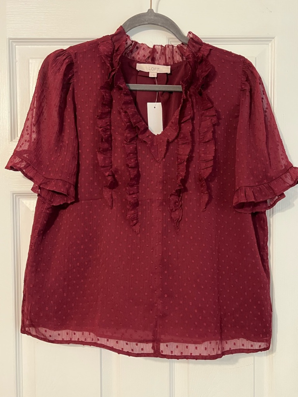 LOFT Burgundy Ruffle Swiss Dot Short Sleeve Top